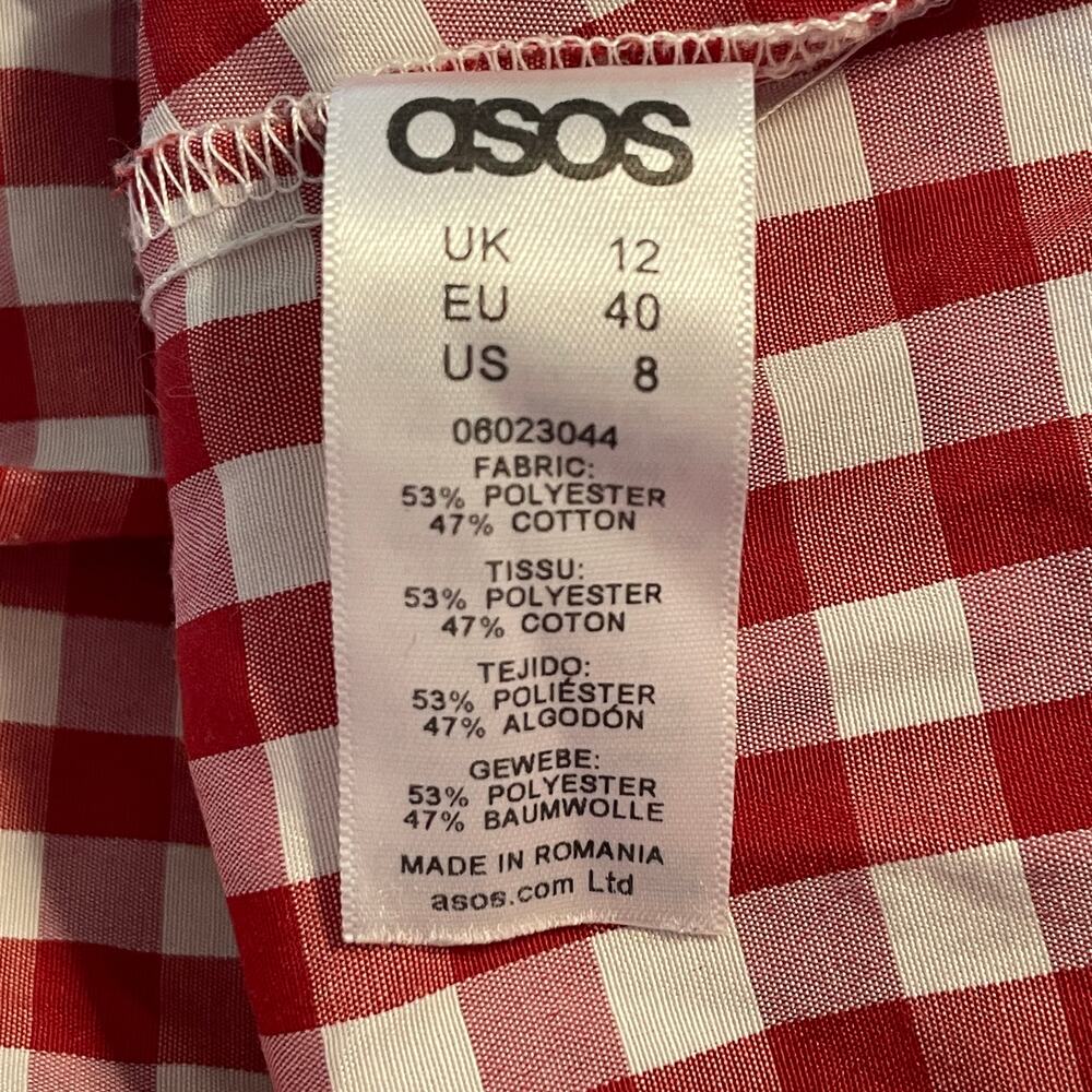 ASOS Gingham Babydoll Dress Womens Size 12 Red Tie Front Bell Sleeve Americana - Picture 6 of 9